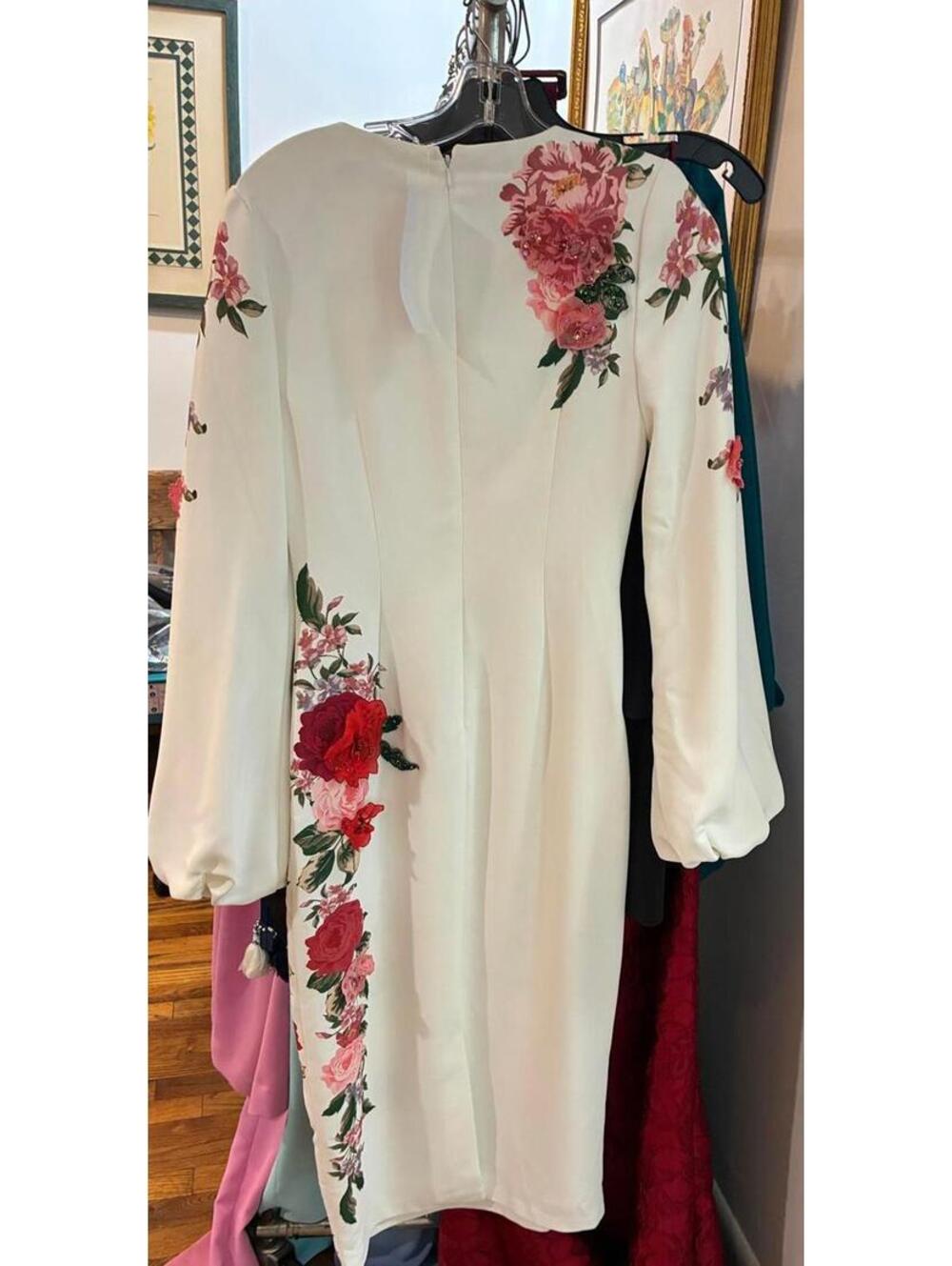 Badgley Mischka * 4 White Floral Embroidered Midi Dress Long Sleeve Modest Chic - Picture 6 of 6